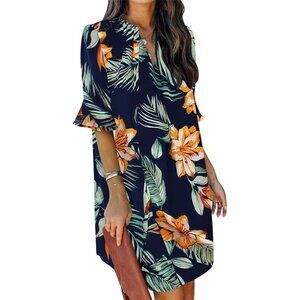 Women Floral 100%Polyester V-Neck Loose Fit Short Sleeve Knee Length Shift Dress